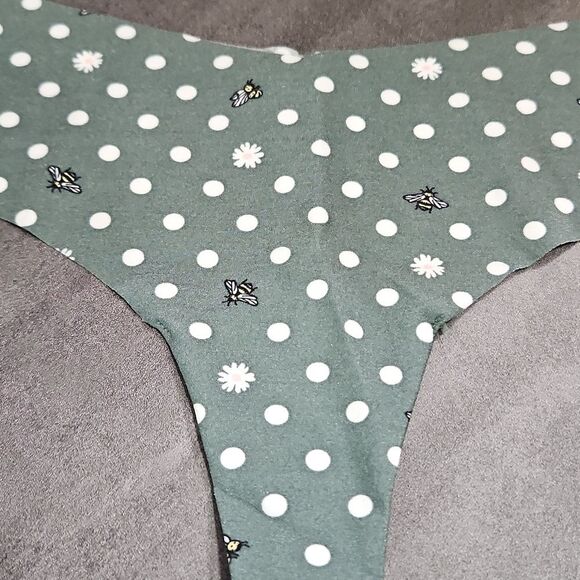 PINK Victorias Secret NO SHOW THONG FOREST GREEN POLKA DOTS & BEES New Small - Picture 7 of 14